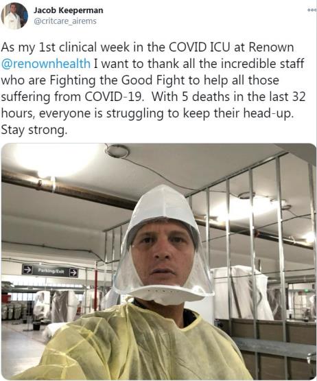 图为美国新冠急救医生雅各布•基伯曼的自拍照。(图片来源:雅各布•基伯曼社交网络截图) 点击进入下一页